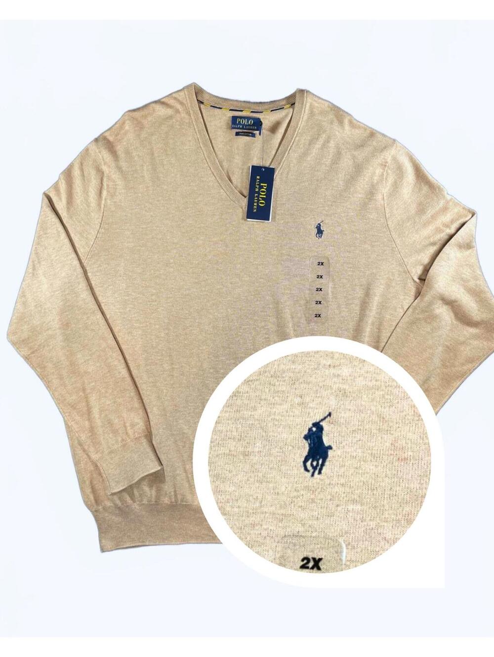 POLO RALPH LAUREN PIMA COTTON Carmel V-NECK SWEATER Big&Tall 2XB/2G💥NWT ($110)